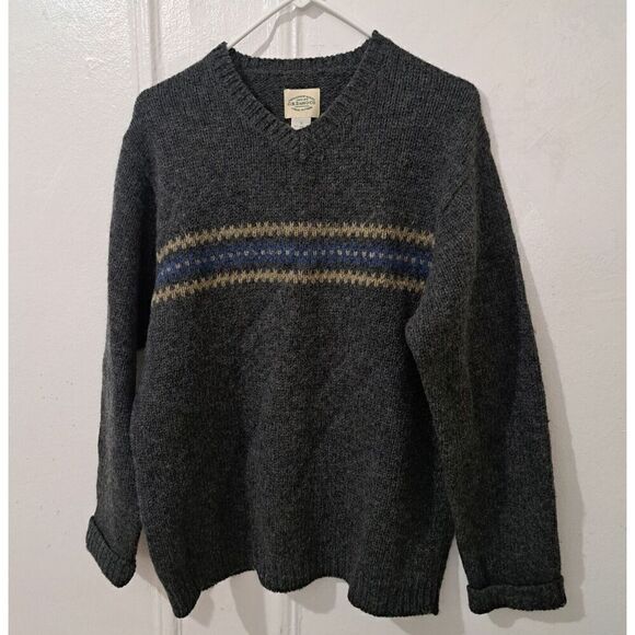 Vintage 90's GH BASS Bass Mens Small SHETLAND WOOL gray Vneck Sweater Pullover - Picture 1 of 6